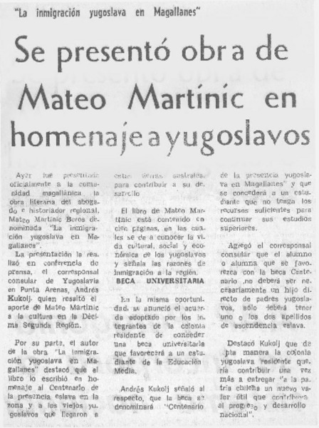 Se presentó obra de Mateo Martinic en homenaje a yugoslavos.