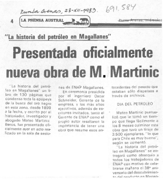 Presentada oficialmente nueva obra de M. Martinic.