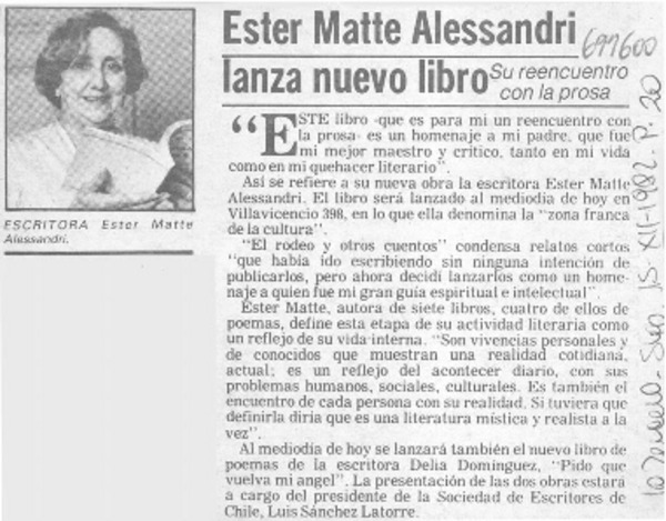 Ester Matte Alessandri lanza nuevo libro.