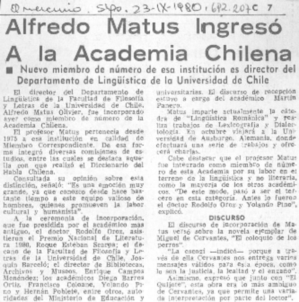 Alfredo Matus ingresó a la Academia Chilena.
