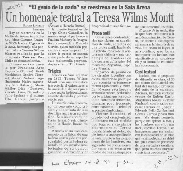 Un homenaje teatral a Teresa Wilms Montt  [artículo] Rocío Lineros.