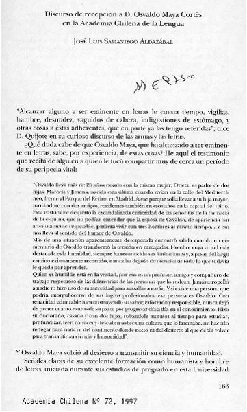 Discurso de repeción a D. Osvaldo Maya Cortés en la Academia Chilena de la Lengua  [artículo] José Luis Samaniego.