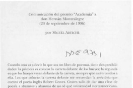 Comunicación del premio "Academia" a don Hernán Montealegre  [artículo] Miguel Arteche.