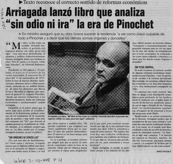 Arriagada lanzó libro que analiza "sin odio ni ira" la era de Pinochet