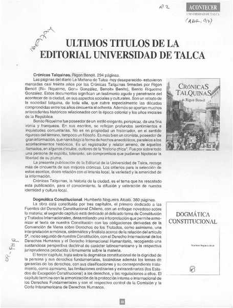 Ultimos títulos de la editorial Universitaria de Talca