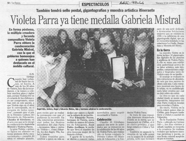 Violeta Parra ya tiene medalla Gabriela Mistral  [artículo] G. N.