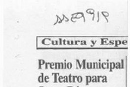 Premio Municipal de Teatro para Jorge Díaz  [artículo].