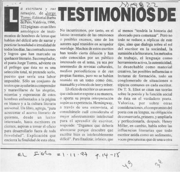Testimonios de hombres de palabras  [artículo] Ramiro Rivas.