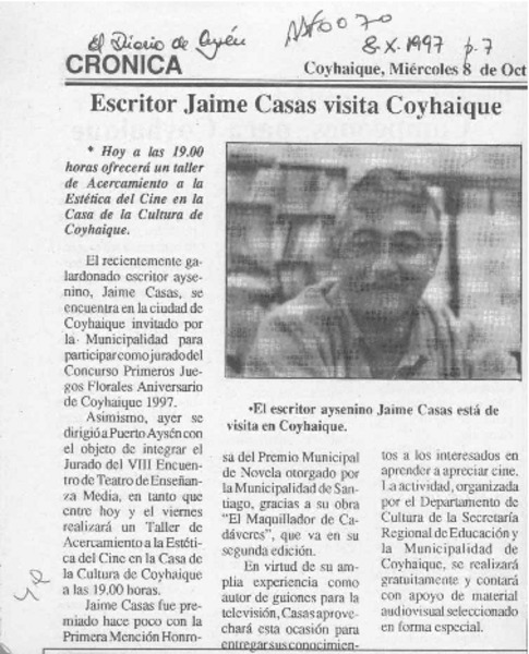 Escritor Jaime Casas visita Coyhaique  [artículo].