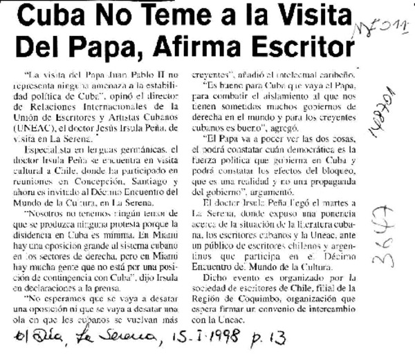 Cuba no teme a la visita del Papa, afirma escritor  [artículo].