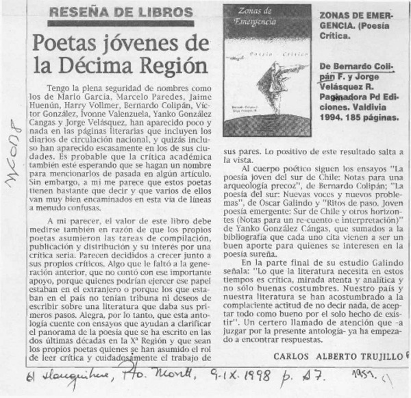 Poetas jóvenes de la Décima Región  [artículo] Carlos Alberto Trujillo.