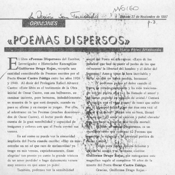 "Poemas dispersos"  [artículo] Mario Pérez Arrendondo.