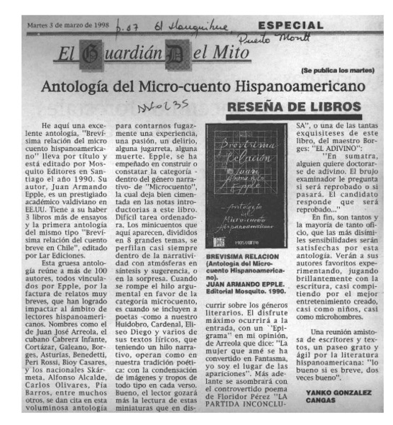 Antología del micro-cuento Hispanoamericano  [artículo] Yanko González Cangas.