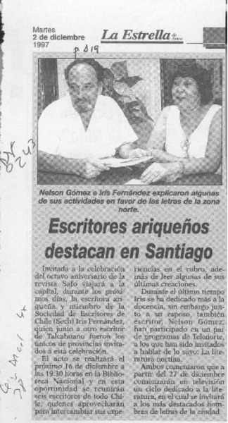 Escritores ariqueños destacan en Santiago  [artículo].