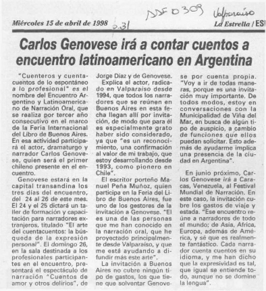 Carlos Genovese irá a contar cuentos a encuentro latinoamericano en Argentina  [artículo].