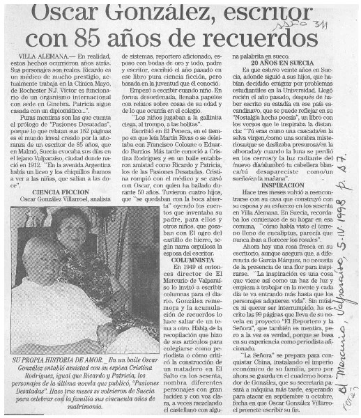 Oscar González, escritor con 85 años de recuerdos  [artículo].