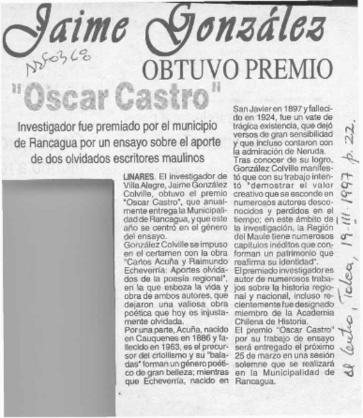 Jaime González obtuvo premio "Oscar Castro"  [artículo].