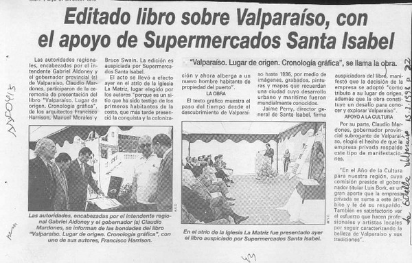 Editado libro sobre Valparaíso, con el apoyo de supermercados Santa Isabel  [artículo].