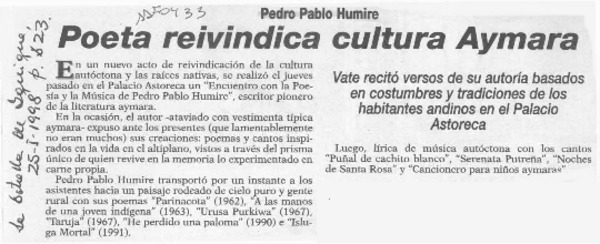 Poeta reivindica cultura aymara  [artículo].