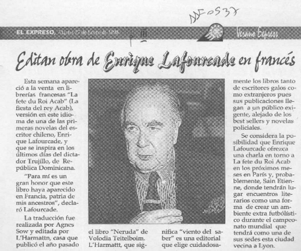 Editan obra de Enrique Lafourcade en francés  [artículo].