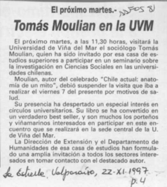 Tomás Moulian en la UVM  [artículo].