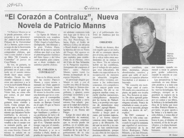 "El corazón a contraluz", nueva novela de Patricio Manns  [artículo] M. Salas.