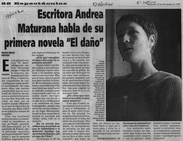 Escritora Andrea Maturana habla de su primera novela "El daño"  [artículo] Ignacio Iñíguez.