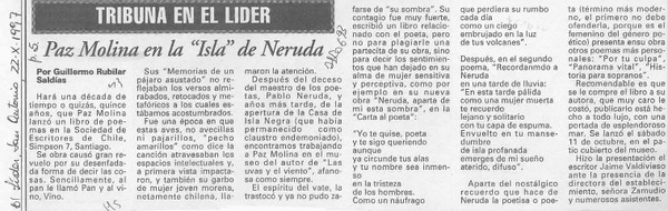 Paz Molina en la "Isla" de Neruda  [artículo] Guillermo Rubilar Saldías.