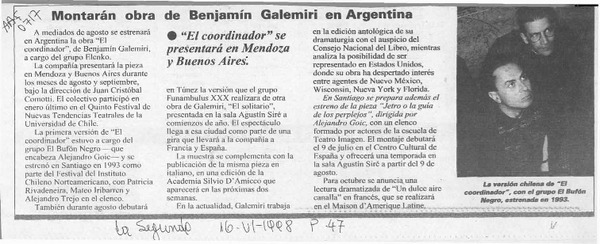 Montarán obra de Benjamín Galemiri en Argentina  [artículo].
