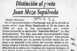 Distinción al poeta Juan Meza Sepúlveda  [artículo] Enrique Díaz Orellana.