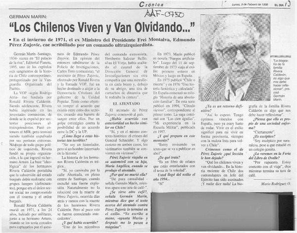 "Los chilenos viven y van olvidando --"  [artículo] Mario Rodríguez O.