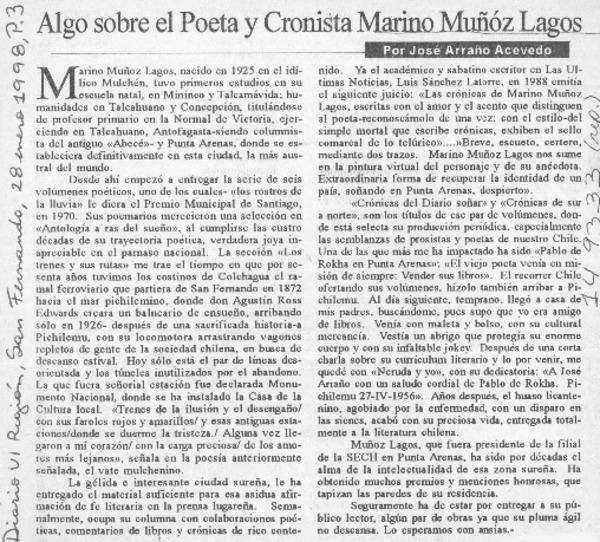 Algo sobre el poeta y cronista Marino Muñoz Lagos  [artículo] José Arraño Acevedo.