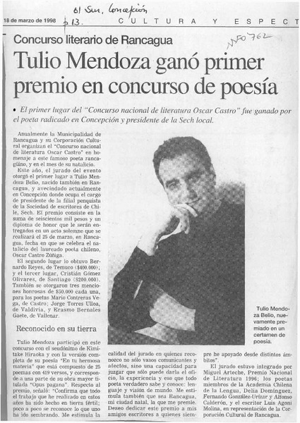 Tulio Mendoza ganó primer premio en concurso de poesía  [artículo].