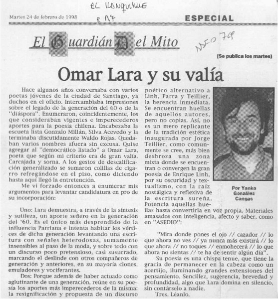 Omar Lara y su valía  [artículo] Yanko González Cangas.
