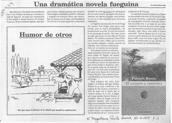Una dramática novela fueguina  [artículo] Marino Muñoz Lagos.