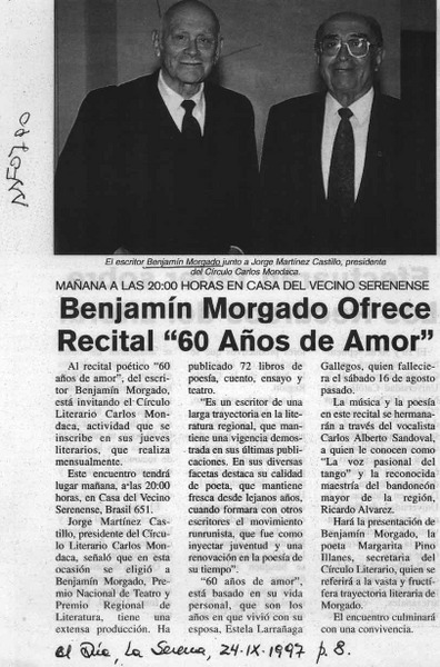 Benjamín Morgado ofrece recital "60 año de amor"  [artículo].