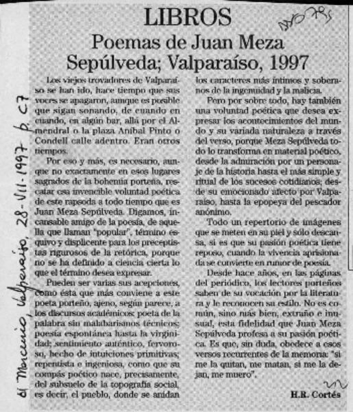Poemas de Juan Meza Sepúlveda  [artículo] H. R. Cortés.