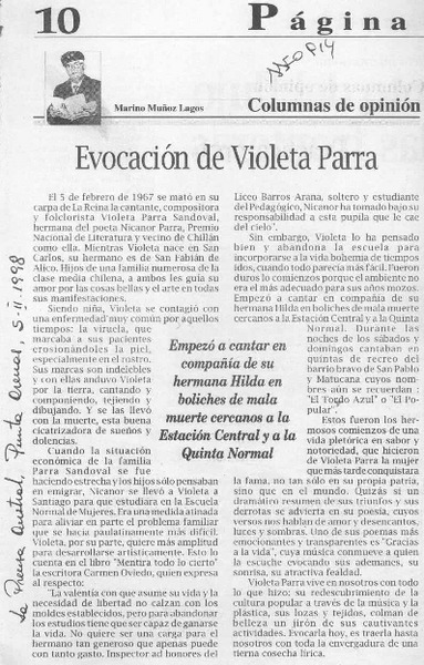 Evocación de Violeta Parra  [artículo] Marino Muñoz Lagos.