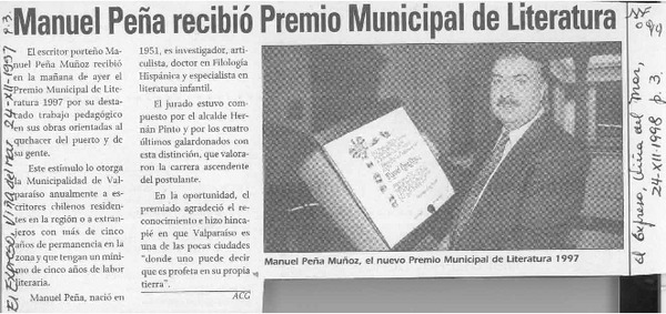 Manuel Peña recibió Premio Municipal de Literatura  [artículo] ACG.