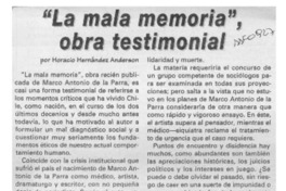 "La mala memoria", obra testimonial  [artículo] Horacio Hernández Anderson.