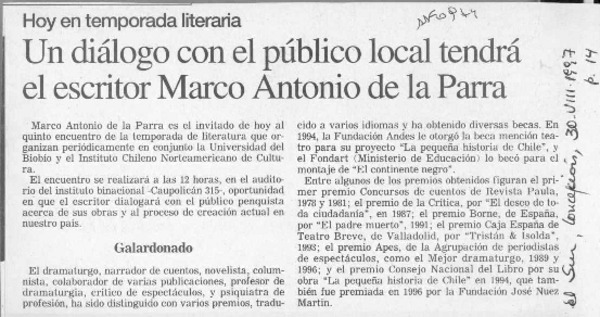 Un Diálogo con el público local tendrá el escritor Marco Antonio de la Parra  [artículo].