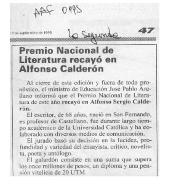 Premio Nacional de Literatura recayó en Alfonso Calderón  [artículo].