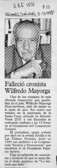 Falleció cronista Wilfredo Mayorga  [artículo].
