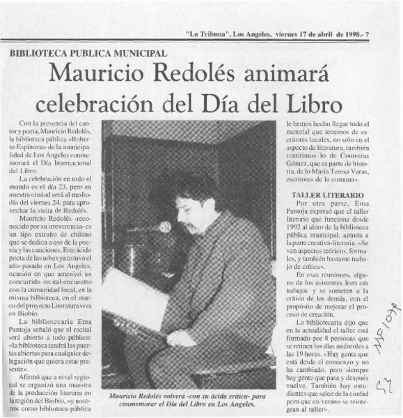 Mauricio Redolés animará celebración del Día del Libro  [artículo].