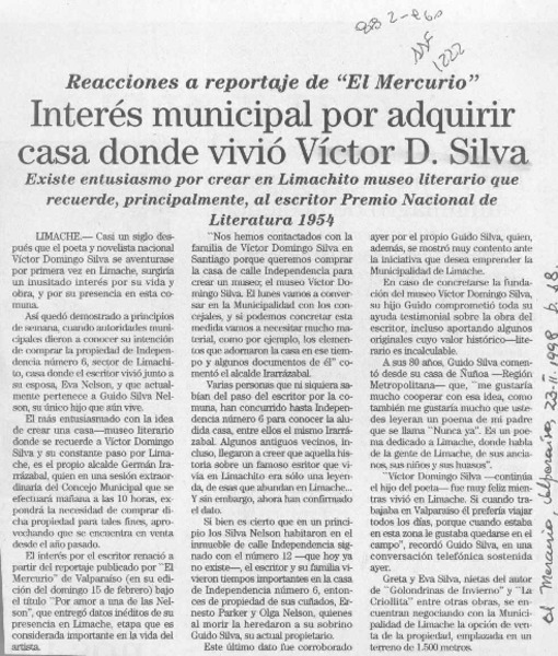 Interés municipal por adquirir casa donde vivió Víctor D. Silva  [artículo].