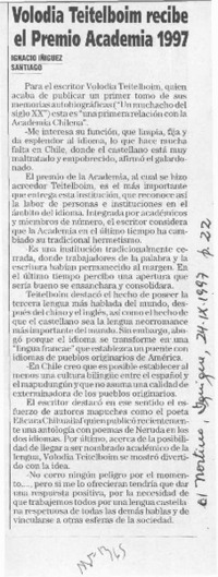 Volodia Teitelboim recibe el Premio Academia 1997  [artículo] Ignacio Iñíguez.