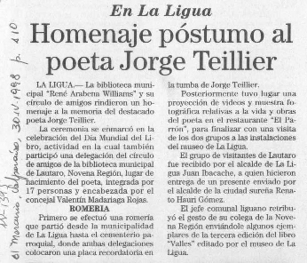 Homenaje póstumo al poeta Jorge Teillier  [artículo].