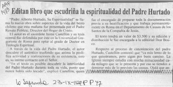 Editan libro que escudriña la espiritualidad del Padre Hurtado  [artículo].