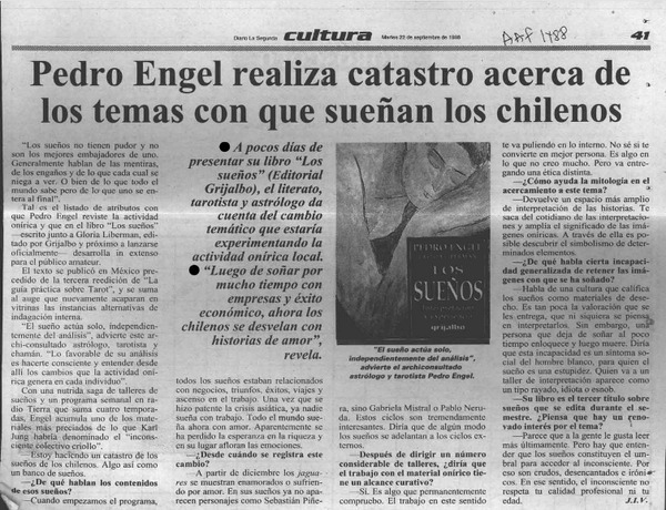 Pedro Engel realiza catastro acerca de los temas con que sueñan los chilenos  [artículo] J. I. V.