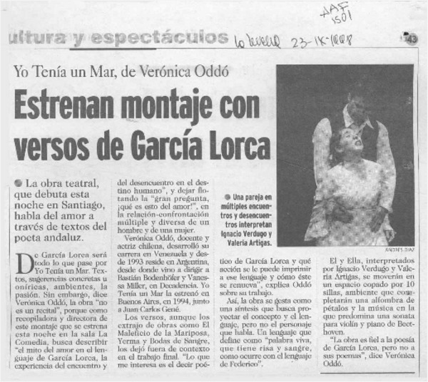Estrenan montaje con versos de García Lorca  [artículo].